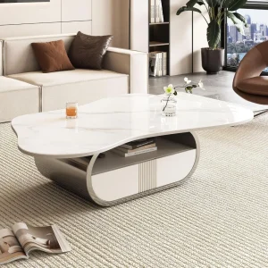 41.7" White Marble Coffee Table with Storage Drawer