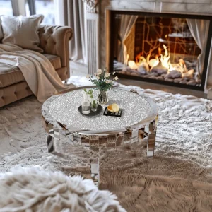 Luxury Round Silver Mirror Coffee Table Crystal Diamonds