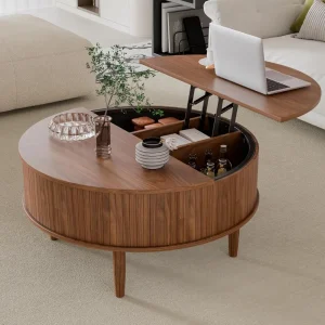 Round Fluted Lift Top Coffee Table with Storage,