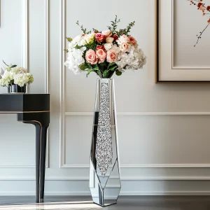 Tall Floor Mirror Vase, Large Crushed Diamond Glass